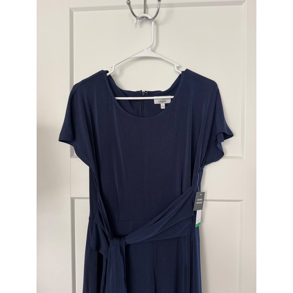 Signature by Robbie Bee Navy Blue Wide Leg Jumpsuit Short Sleeve Waist Tie Large - Picture 2 of 6